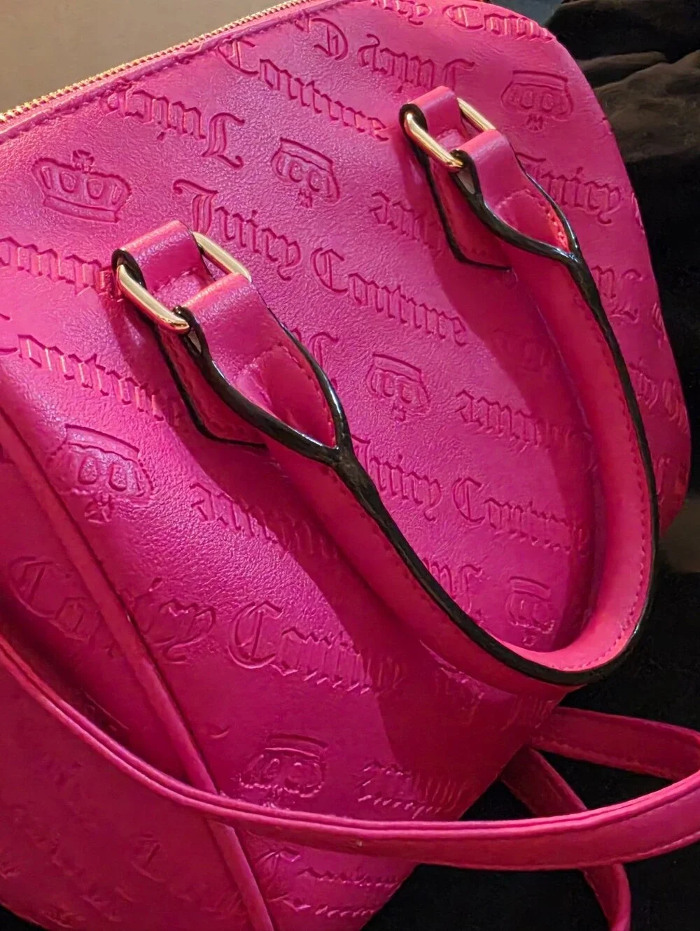 Juicy Couture Bright Pink Embossed Logo Satchel with Gold Charm Chain